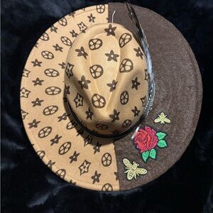 Brown and Tan Patterned Hat with Rose Embroidery